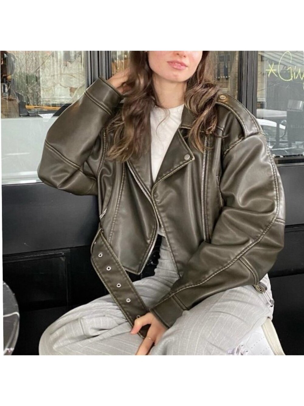 Zara Women’s Biker Moto Jacket Molly Mae Khaki Charcoal Faux Leather Cropped XL
